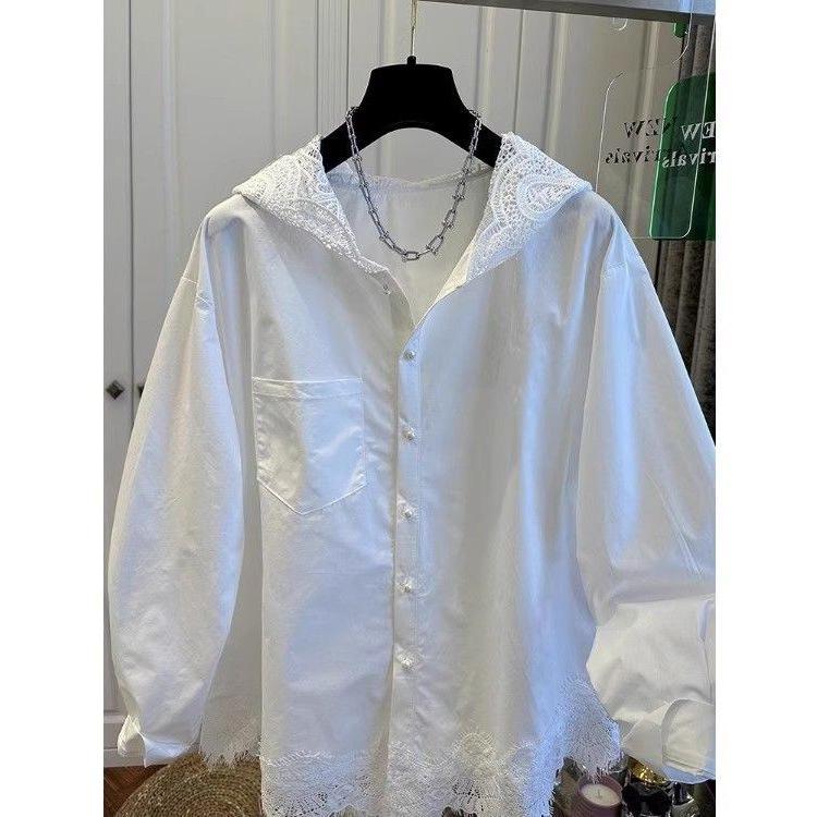 European Fashion Lace Hem Hooded Long Sleeve Women's Loose Shirt for Spring and Autumn