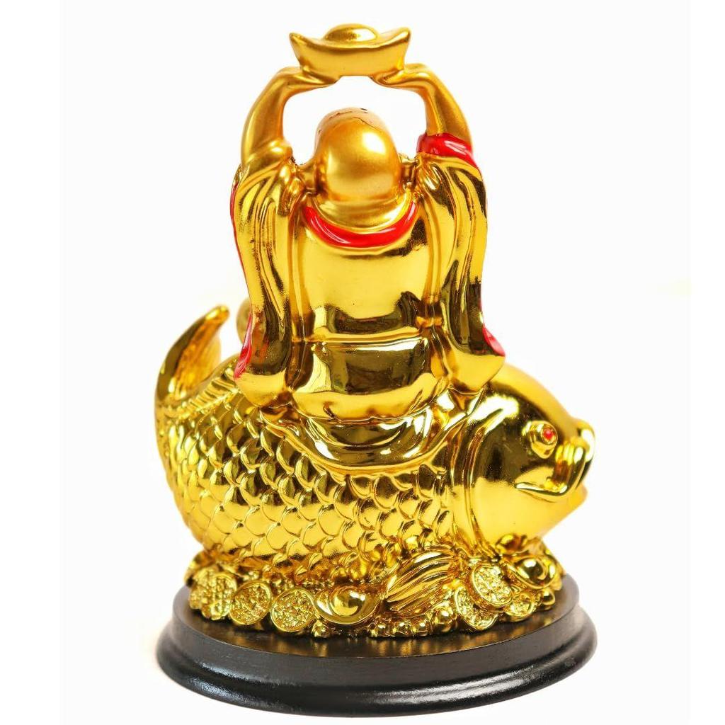 The Spiritual Living Golden Laughing Buddha Idol on Arowana Fish | 4 Inch | Feng Shui Statue for Prosperity, Wealth & Career Growth