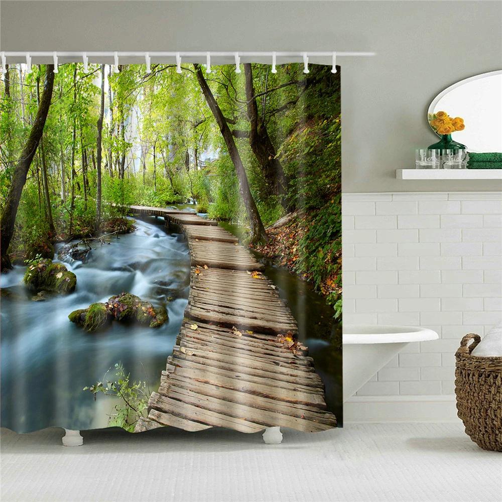 Hot Sale Natural Landscape Wooden Bridge Waterfall Shower Curtain Set Spring Scenery Green Forest 3d Waterproof Hanging Curtains