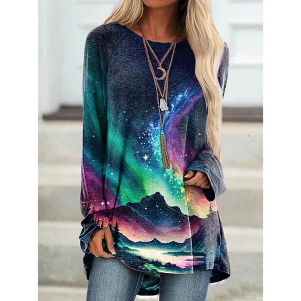 Large-sized Seaside Sunset 3D Printed Women's Round Neck Long Sleeve T-shirt Autumn Fashion Elegant Women's T-shirt Outdoor Casual Loose Top