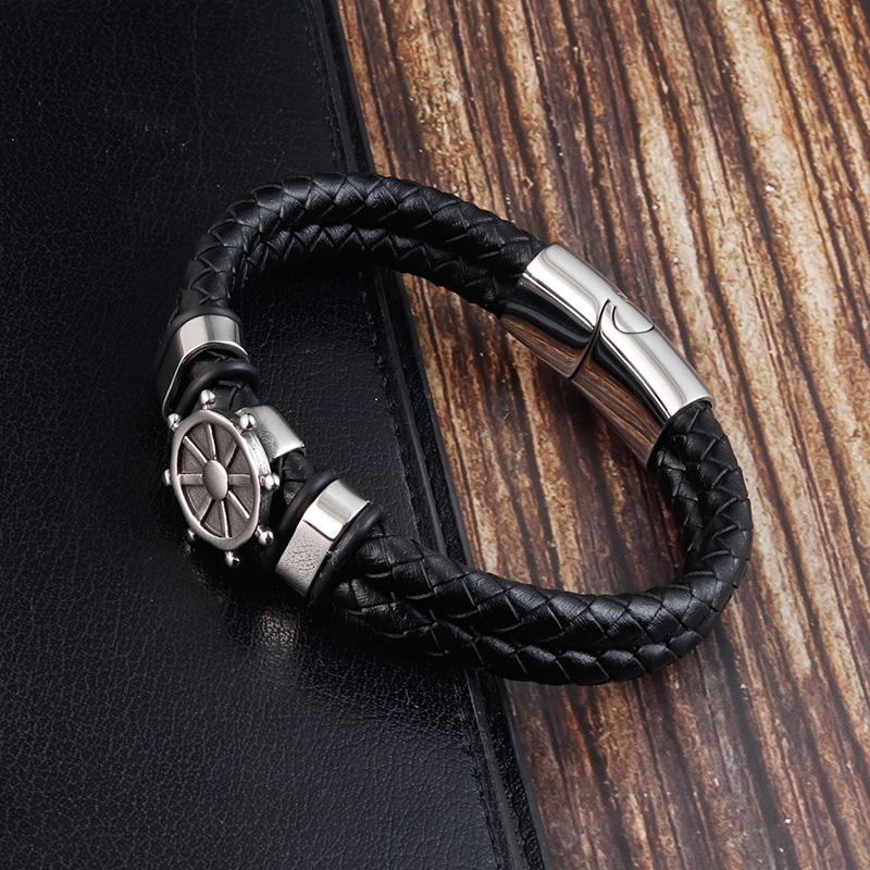 Black Genuine Leather Bracelet for Men Punk Braided Rope Steel Magnetic Button Male Bracelet Jewelry Birthday Gift