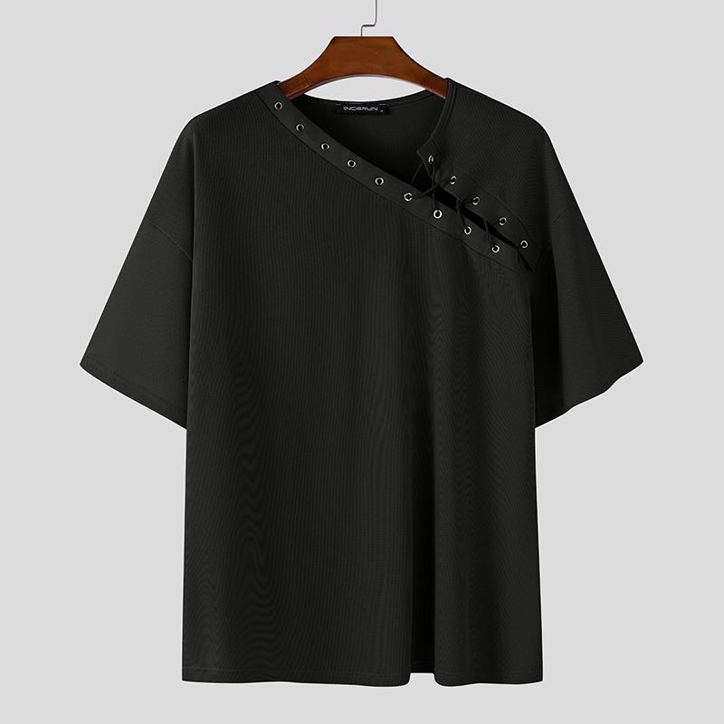 

INCERUN Men Short Sleeve Bandage Texture Casual Loose T-shirts Tops M чёрный