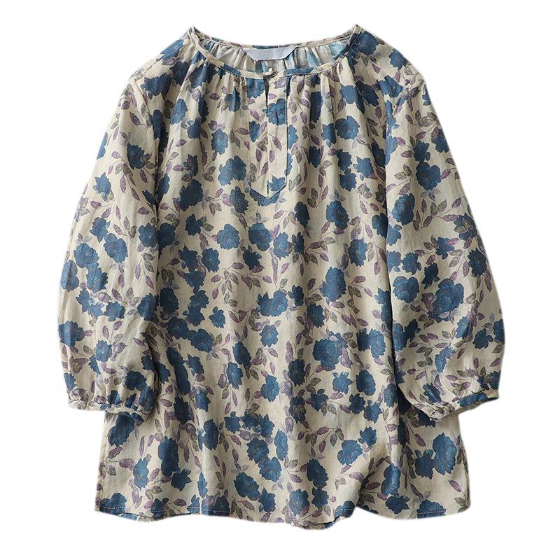 Artistic Retro Cotton and Linen Top Loose Floral Seven Quarter Sleeve Top Women's Blouses & Shirts