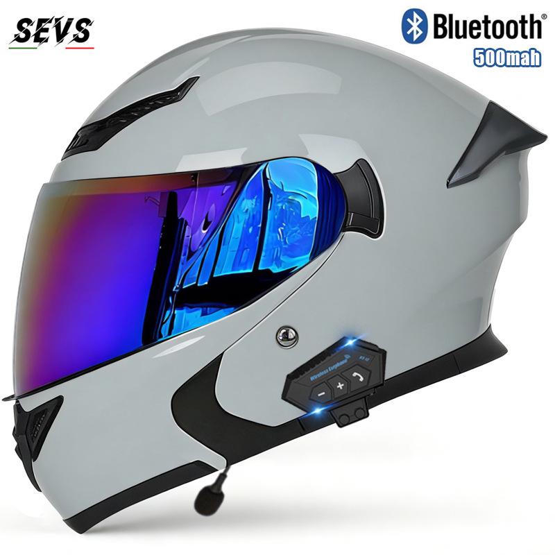 All-Season Universal Flip-up Motorcycle Helmet with Double Visor and Bluetooth Earbuds for Men and Women