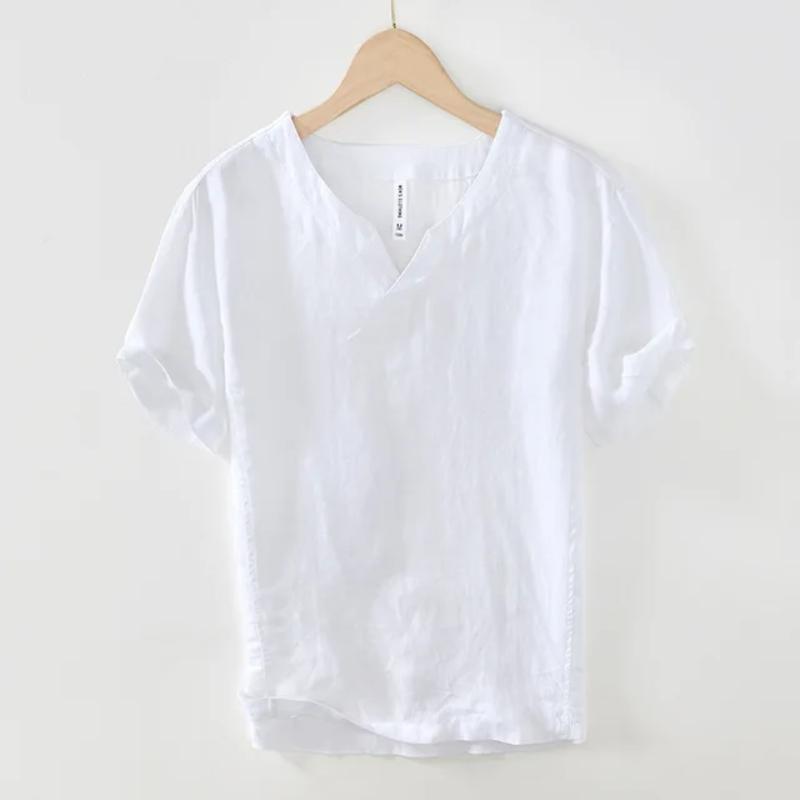 Summer 100% Natural Linens Tees Men Chinese Style Retro Clothes Solid Color Stand Collar V-Neck Short Sleeves Tops&T-shirts Casual Breathable Tshirt