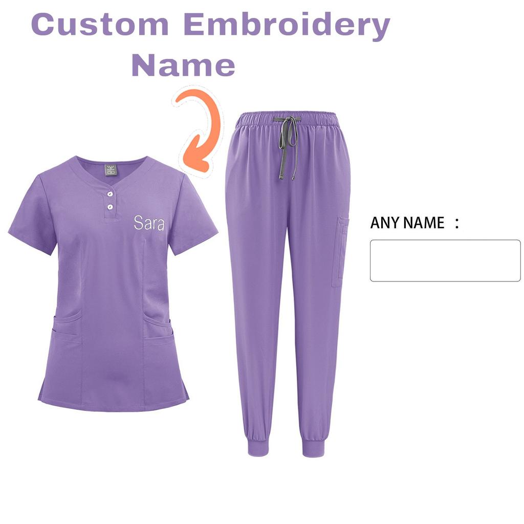 DIY Name Embroidery Customization Women's Uniform Quick-drying Fabric Solid Color V-neck Pocket Short-sleeved Trousers Suit Dry-nurse Work Clothes