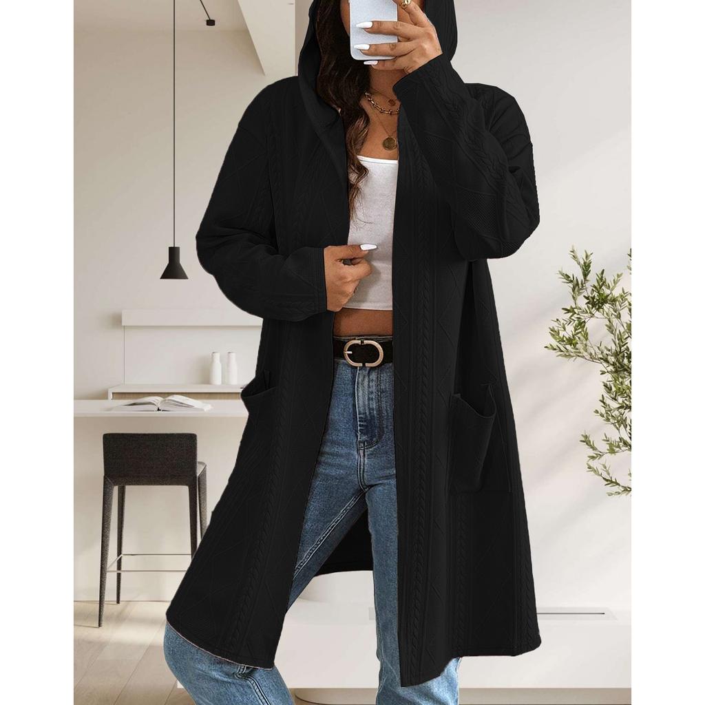 Dames Strandet Mønstret Hette Midilengde Trenchcoat Jakke Cardigan
