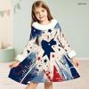 Kids Girls Furry Collar Long Sleeve Star Printed Bow Waist A Line Flared Dress