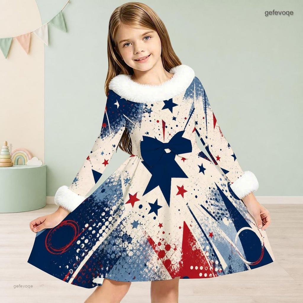 Kids Girls Furry Collar Long Sleeve Star Printed Bow Waist A Line Flared Dress