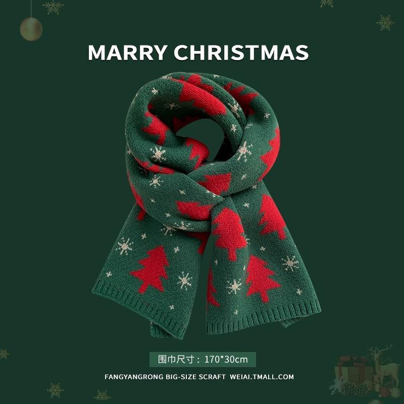 Red Christmas Tree Knitted Scarf Female Autumn and Winter Warm Green Wool Student Couple Christmas Gift Scarf Versatile