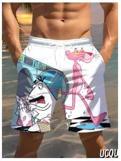 2025 Summer Shorts, Men's Pink Pantela Print, Hawaiian Beach Surf Shorts Casual