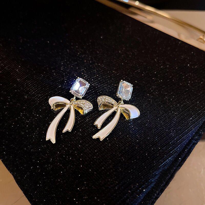 Серебряная Игла Кисточка Черный Бант Кристалл Длинные Серьги Серьги Серьги Женские Элегантные и Изысканные белый