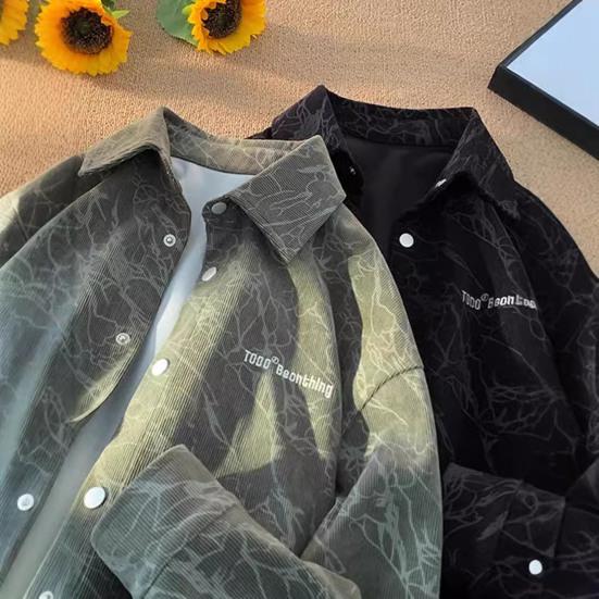 Spring Fall Men Shirt Retro American Style Corduroy Embroidery Japanese Style Loose Single-breasted Long Sleeves