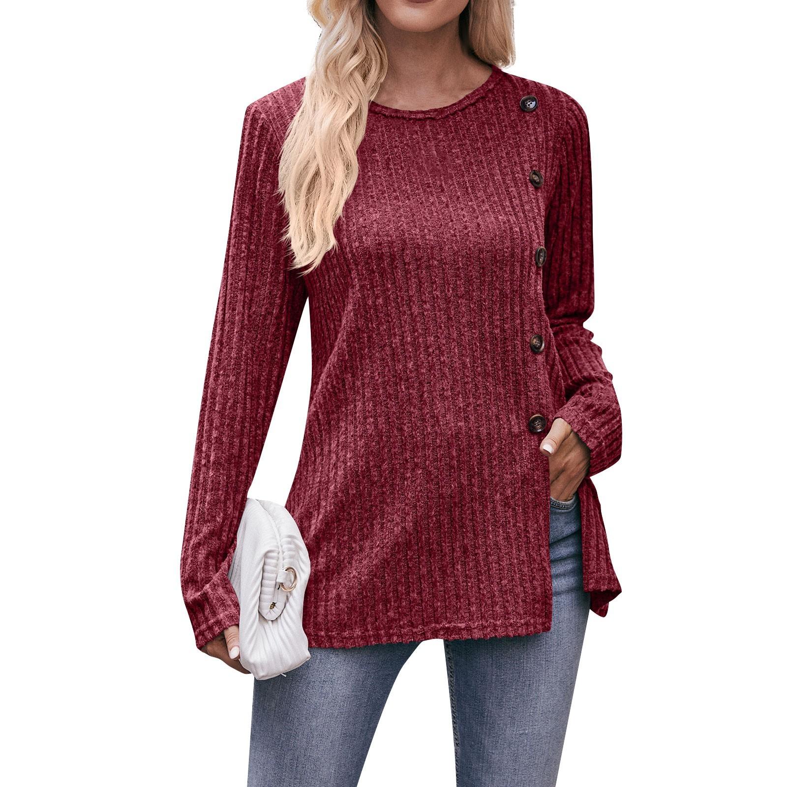 

Женская однотонная модная футболка с круглым вырезом и разрезом, топ на пуговицах XL винный