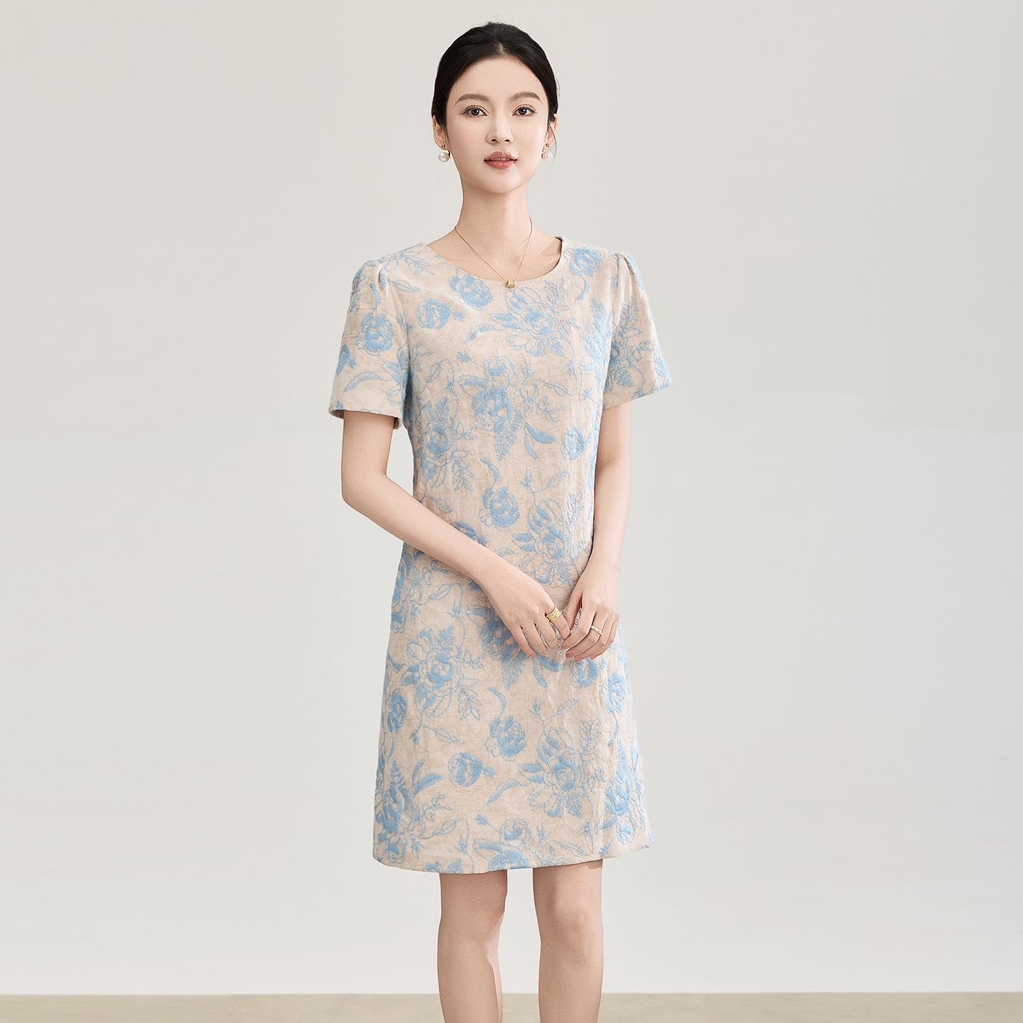 

Exquisite Embroidered Jacquard Linen A-line Dress with Waist-Cinching & Short Sleeves - Spring/Summer Style M синий