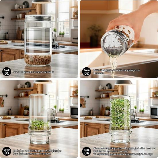 Sprouting Jar Kit, Wide Mouth Glass Jar with Sprout Lid, Blackout Sleeve, Plant Sprout Growing Kit for Home Gardeners Vegan Diets