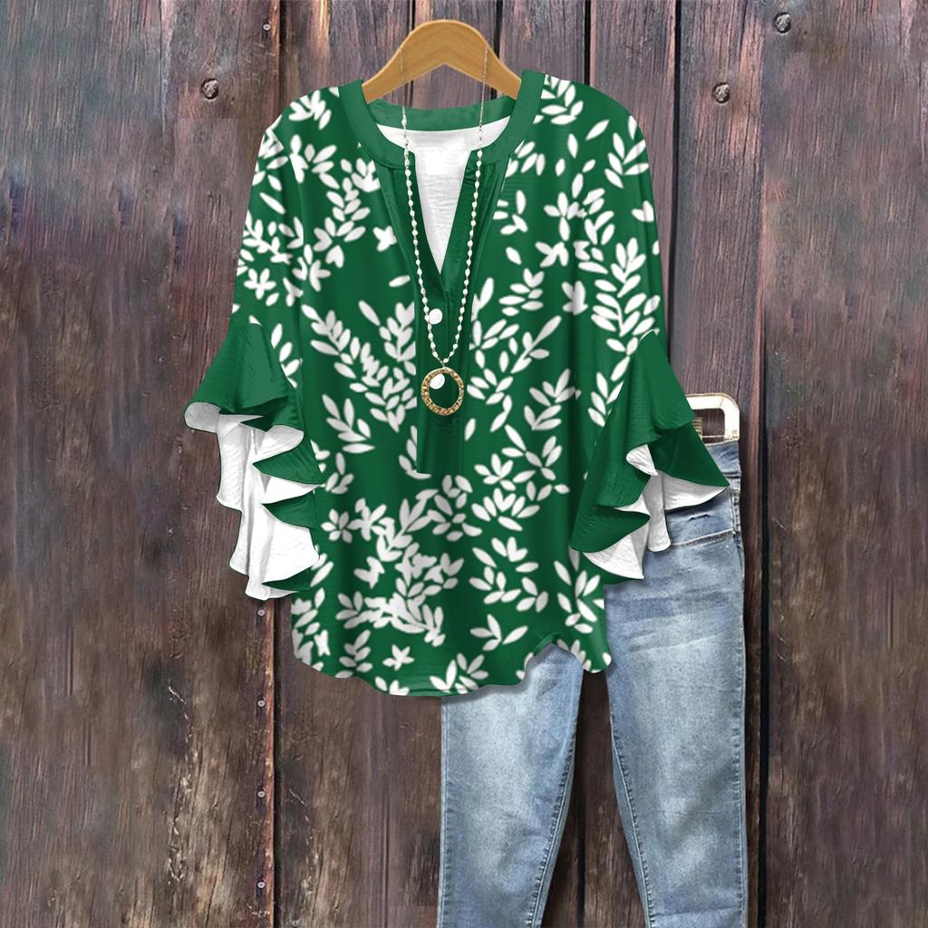 Summer Tops For Women Cute V Neck 3/4 Sleeve Blouses Floral Print Top Casual Shirts