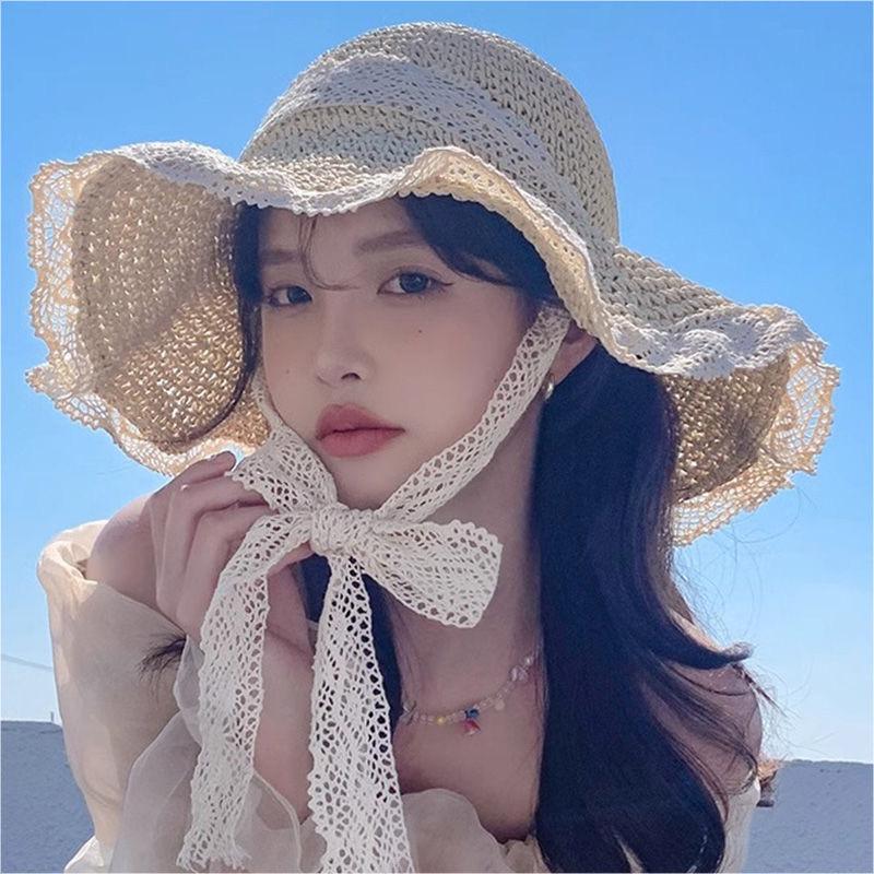 

Women s Extra Large Brim Straw Sun Hat with Breathable Lace Edge for Summer Beach