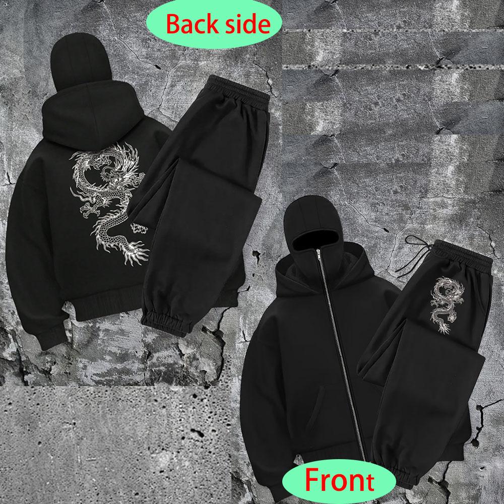 Dragon Patterned Hoodie and Jogging Pants Set, Hooded Zipper and Pants, Casual Streetwear Zipper Hoodie