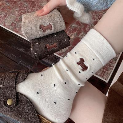 Cashmere Socks For Women Thickened And Warm Zodiac Socks Polka Dot Embroidery Vintage Slimming Pile Socks