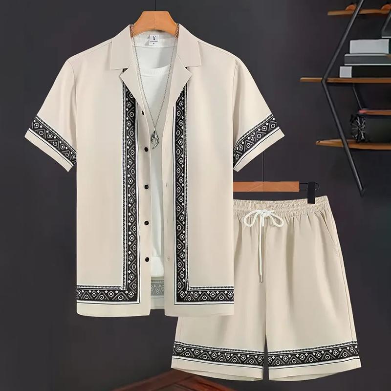 New Men's Summer Holiday Suit Retro Textured Printed Border Shirt Short Sleeve Shorts Two Piece Men's Breathable Pool Suit