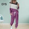 2 Pcs/Set Women Top Pants Suit Round Neck Long Sleeves Colorblock Sport Sweatshirt Drawstring Elastic Waist Trousers Fitness Outfit Fall Spring