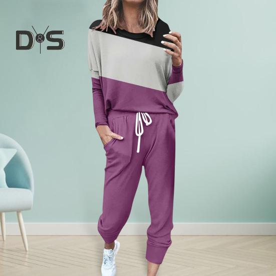 2 Pcs/Set Women Top Pants Suit Round Neck Long Sleeves Colorblock Sport Sweatshirt Drawstring Elastic Waist Trousers Fitness Outfit Fall Spring