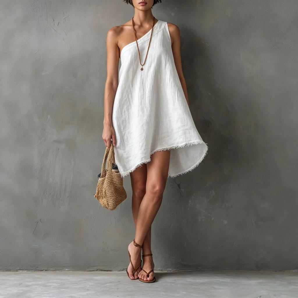 Women Casual Loose Fit One Shoulder Dress Linen Cotton Blend Raw Edge Irregular Hem Summer Beachwear Tunic