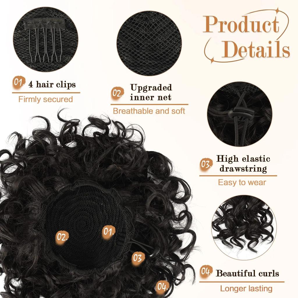 Women's Fashion Hair Bun, Curly Wave Synthetic Hair Piece, Afro Kinky Curl Drawstring Ponytail Bun, Voluminous Hair Donut for Daily Style