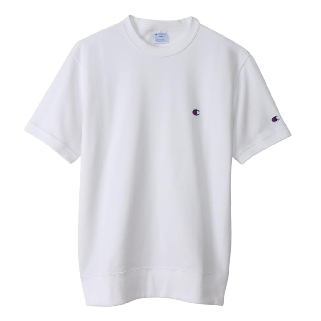 Champion Basic Short Sleeve Crew Neck Sweatshirt with Fleece Lining and Size S Men's One-Point Logo, White, (C3-Z020)
