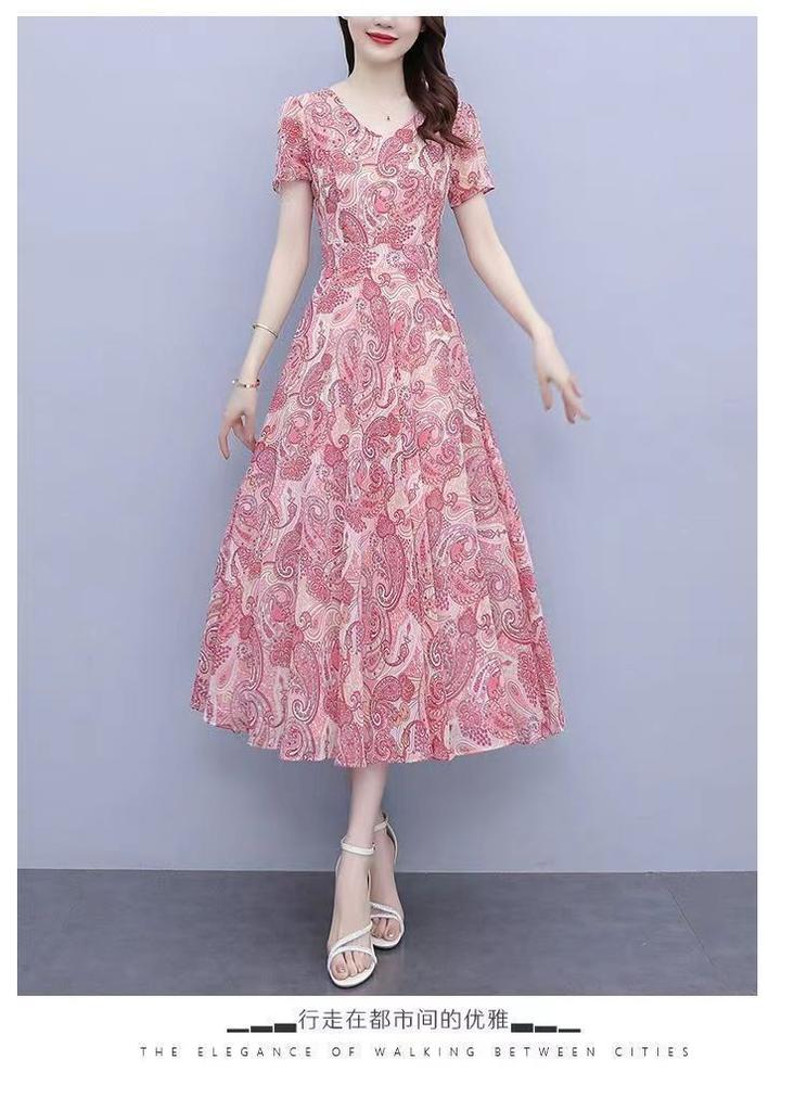 Summer New Chiffon Floral V-neck Dress Feminine Temperament Fashionable and Elegant Style Middle-aged Mother Waist A-word Long Dress