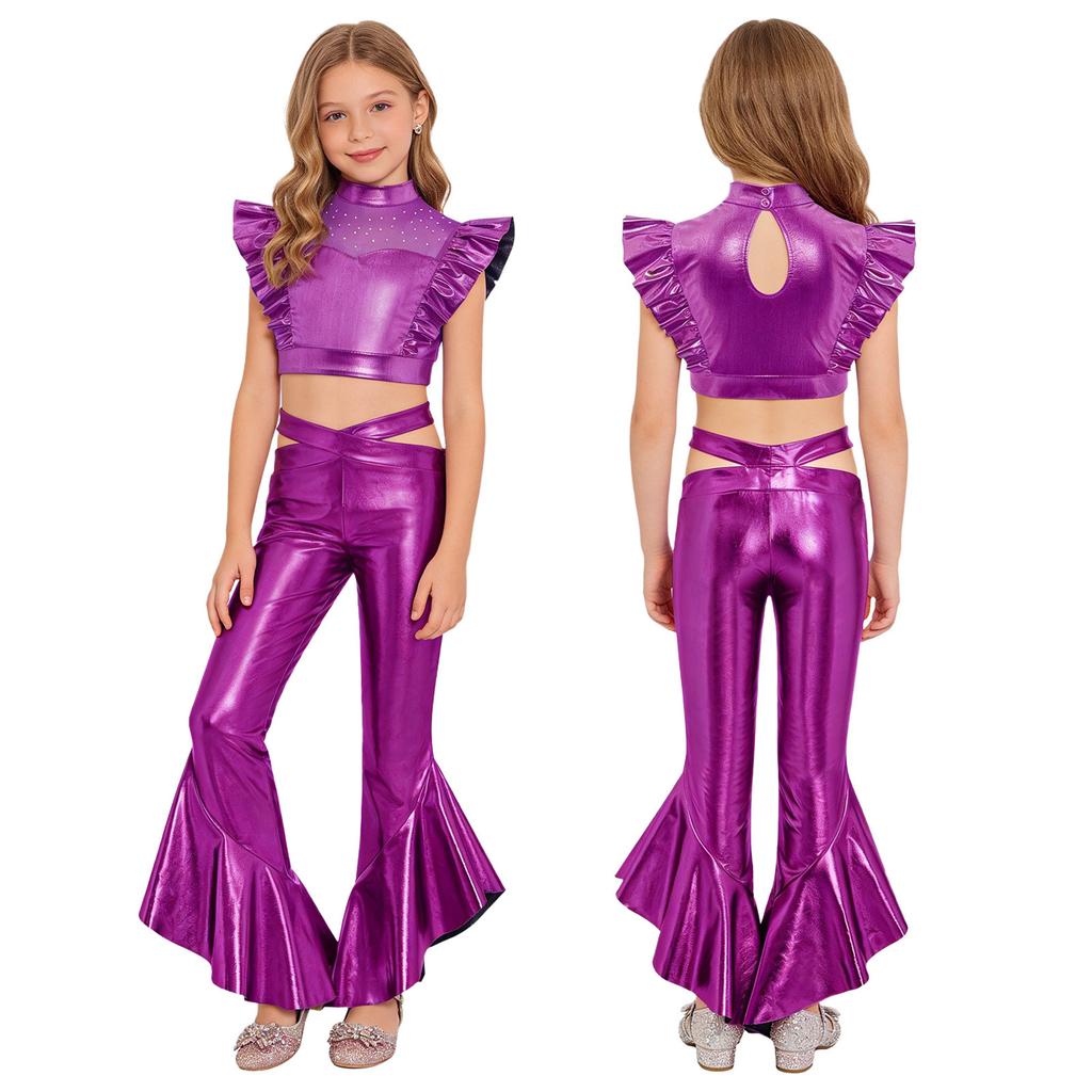 Girls Dance Crop Top with Flared Pants Mock Neck Sleeveless Mesh Rhinestone Ruffle Metallic Outfit Set