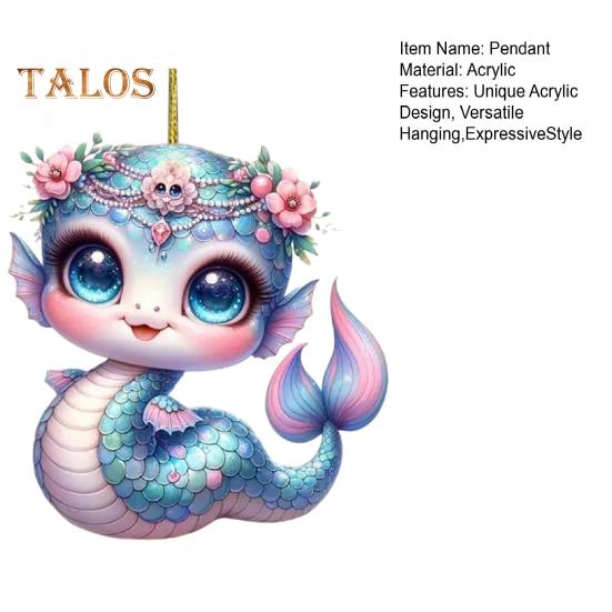 Meerjungfrau-Schlangen-Autoanhänger, flache Acryldekoration für Weihnachten, hängender Anhänger, Baum, süßes Cartoon-Meerjungfrau-Liebhaber-Geschenk für Weihnachten