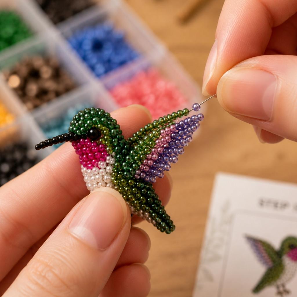 3D Beaded Bird DIY Kit 4-Piece Set Includes Beads Wire Scissors and Step-by-Step Instructions for Crafting Detailed Bird Models