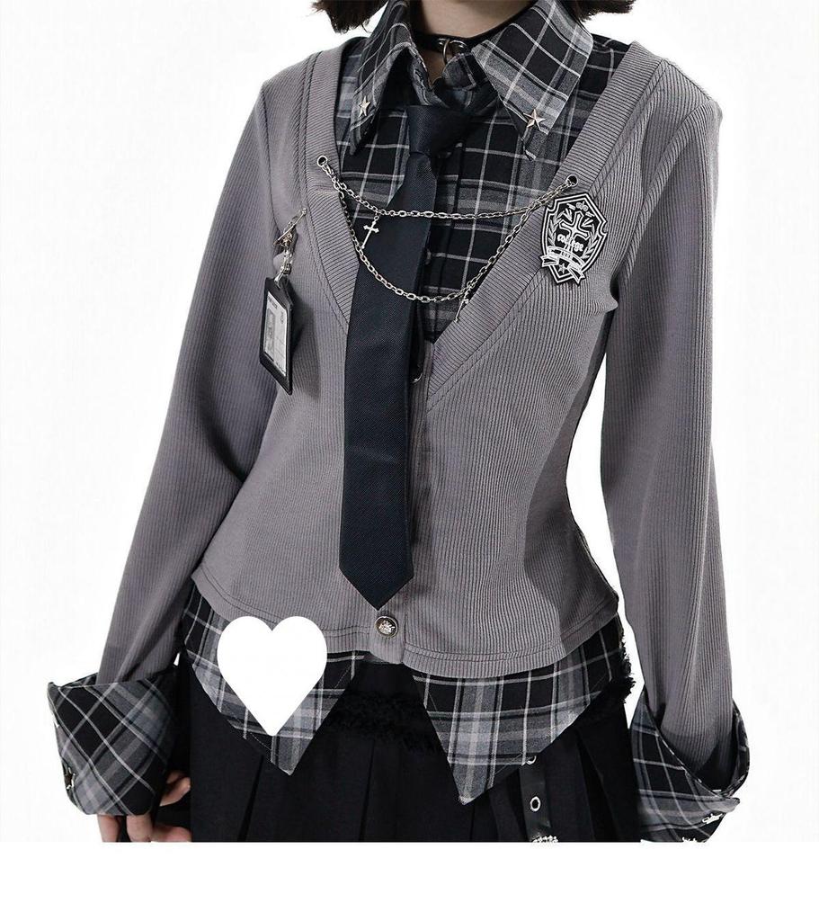 Japanese Academy Plaid Patchwork Waist-Cinched Shirt + Pleated Skirt Set