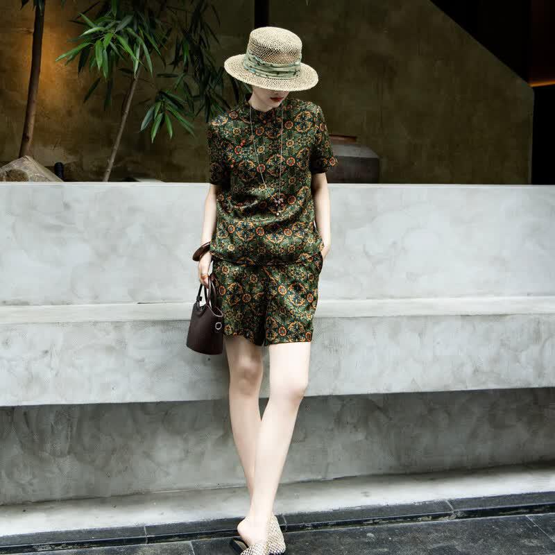 Elegant Mulberry Silk Chinese Style Print Shirt L