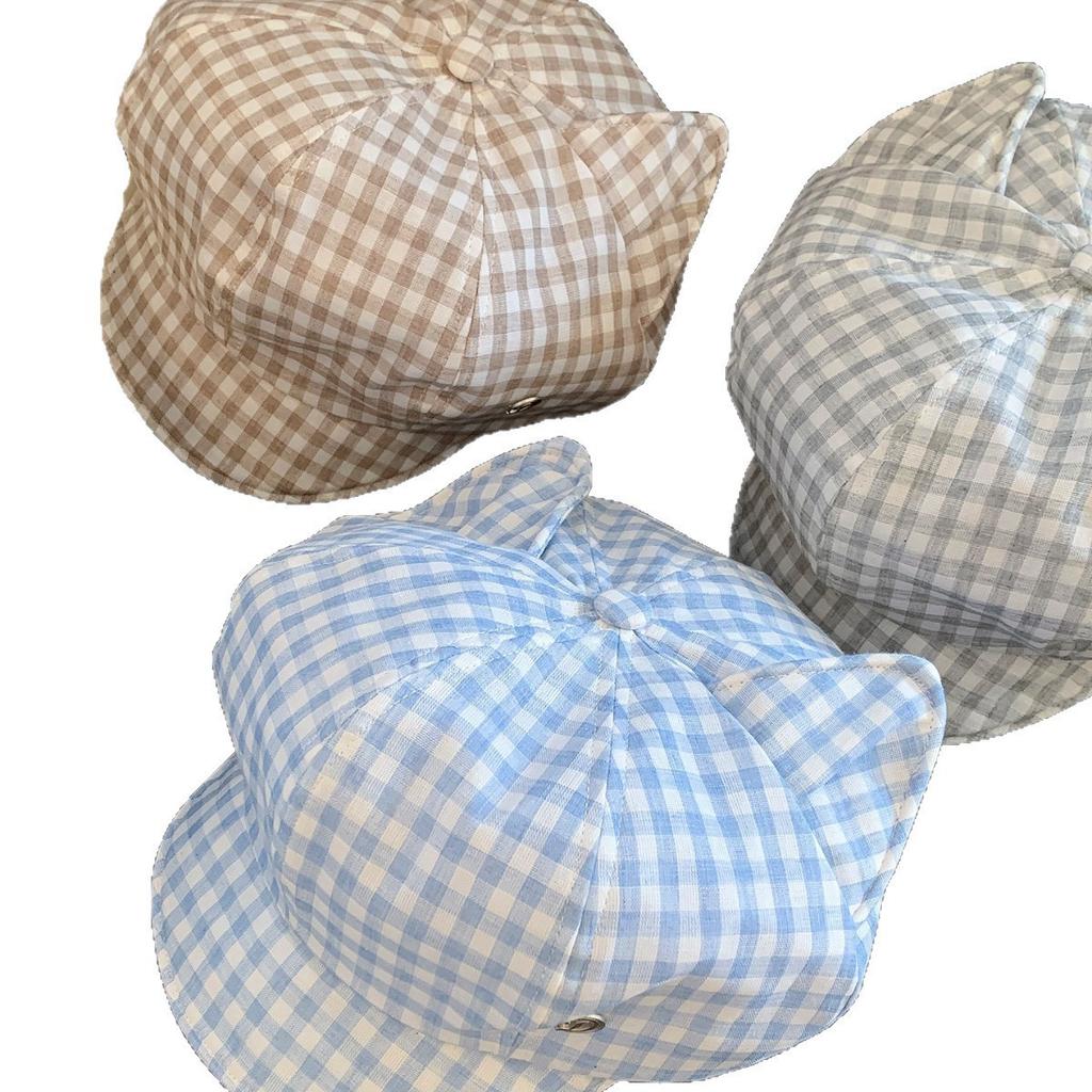 Cute cat ear plaid octagonal hat women's spring and summer new big head circumference shows face small sweet duck tongue beret