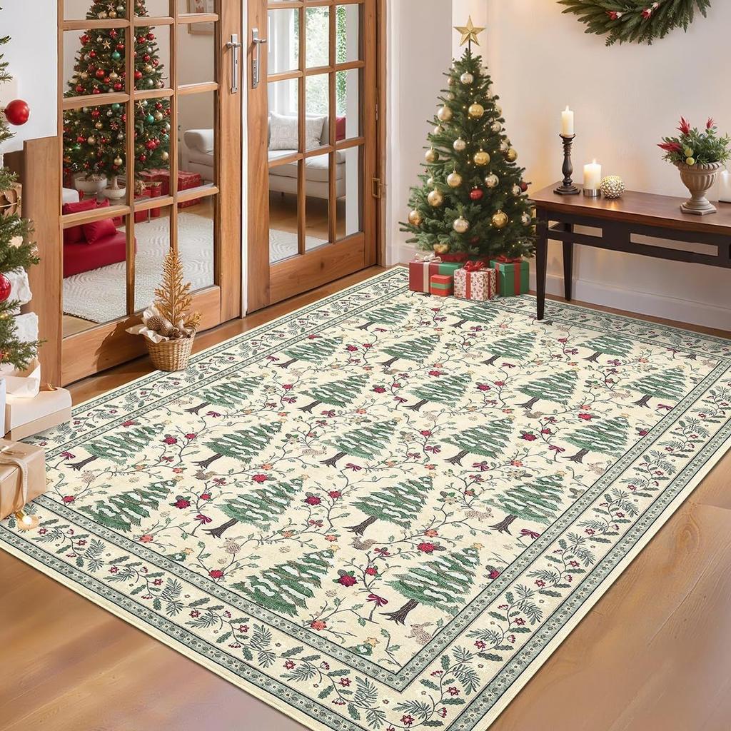 Weihnachts Rentier Schneeflocke Geschenk Rot Weiß Festlich Teppich Weiche Rutschfeste Matte Teppich für Wohnzimmer Heimdekoration Langlebiger Teppich