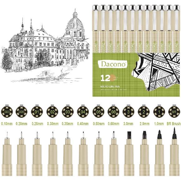 Micro Fineliner Drawing Art Pens, Black Art Pens for Drawing, 12 Size Waterproof Pen for Artists Sketching, Illustration, Watercolor, Calligraphy,