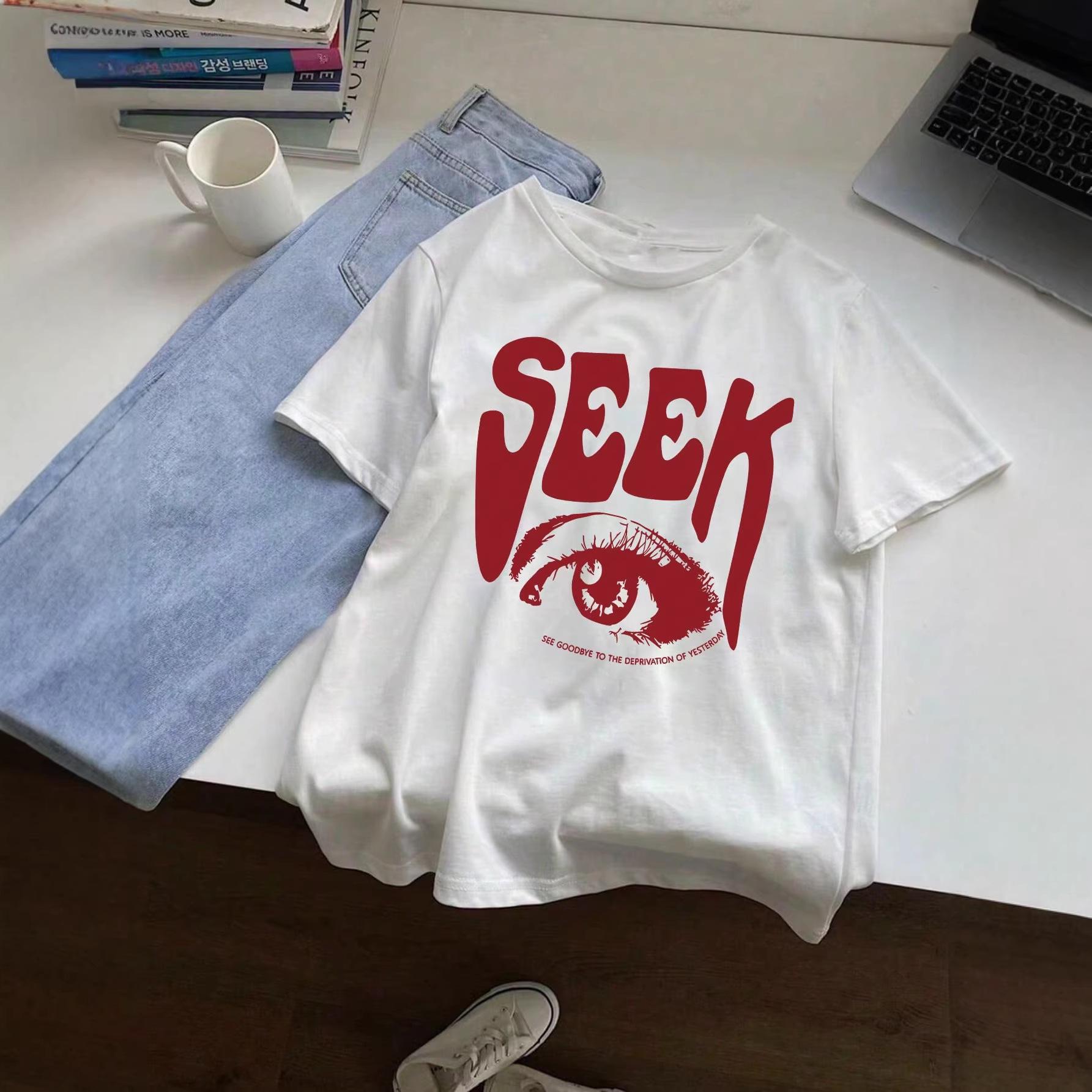 2026 Spring/Summer American Retro Eye Print Women s Loose Slimming Round Neck T-Shirt L белый
