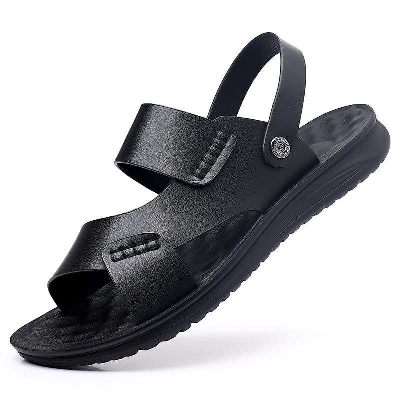 Men Brown Flats Slippers Summer Outdoor Wide Head Hiking Sandals Retro Black Leather Open Toe Beach Shoes Plus Size