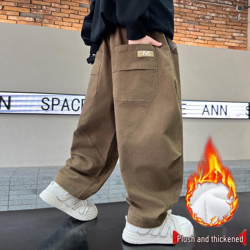 Boys' Fleece-Lined Wide-Leg Overalls for Teens - Trendy Casual Autumn Wear