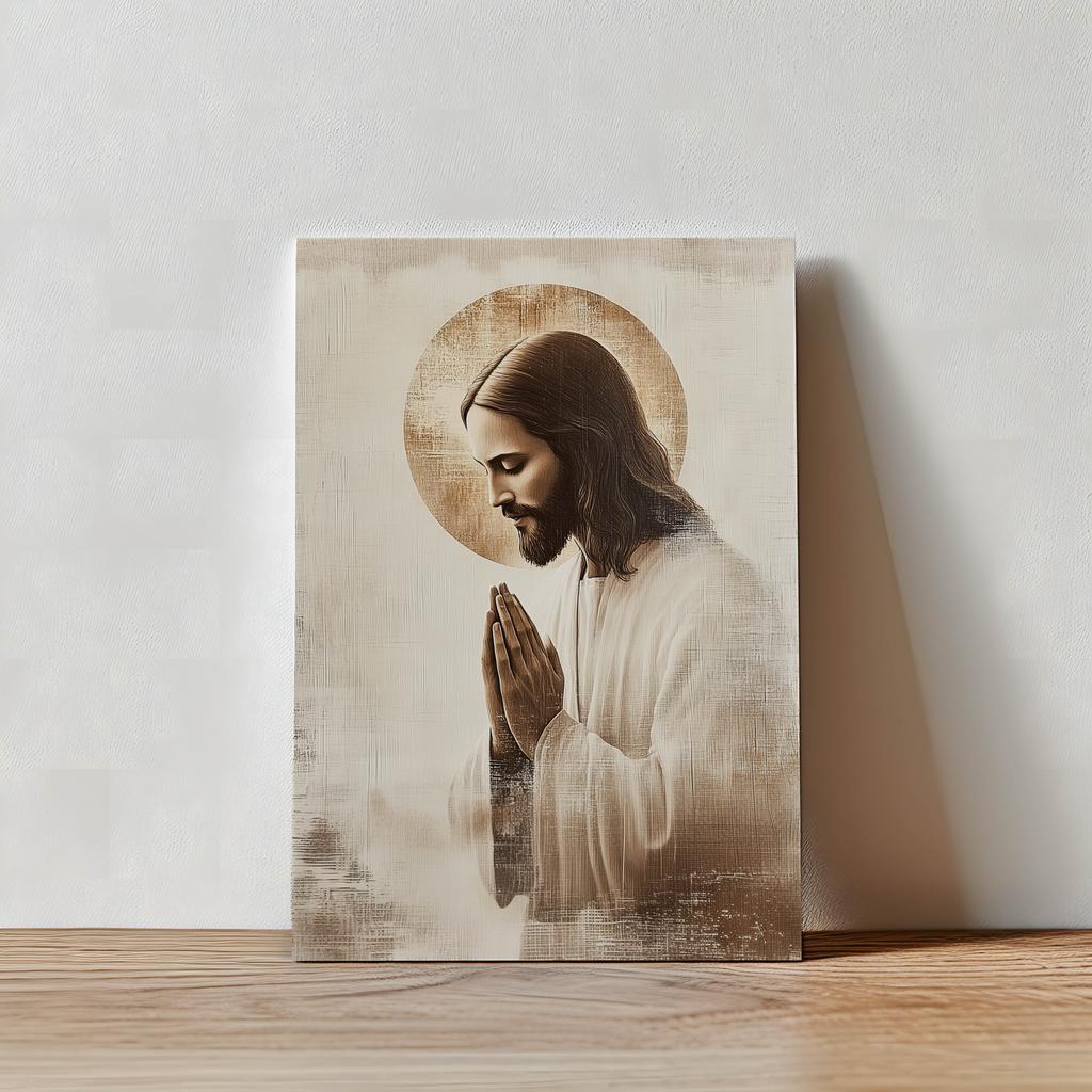 Jezus W Modlitwie - Złota Aureola Jezus W Modlitwie - Złota Aureola, 50X70 Cm, Bez Ramy, Papier Matowy 230 Gsm