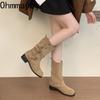Men Women Boots SlipOn Street Style Belt Buckle Western Ankle Thick Heel Shoes Female Vintage Slip Short Booties Muje