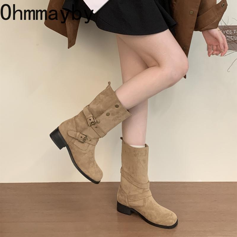 Men Women Boots SlipOn Street Style Belt Buckle Western Ankle Thick Heel Shoes Female Vintage Slip Short Booties Muje