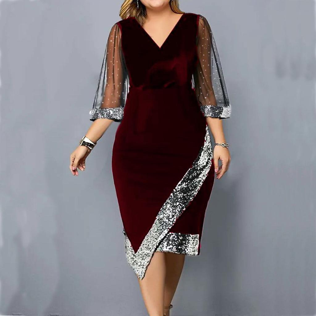 Damen V-Ausschnitt Langarm Figurbetont Midi-Kleid Pailletten Netz Unregelmäßiges Kleid