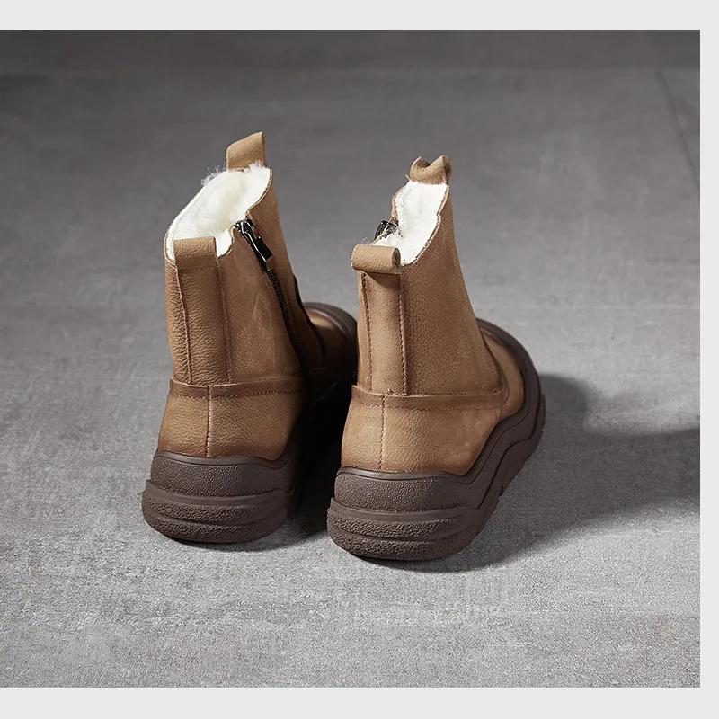 Johnature Genuine Leather Wool Warm Boots Round Toe Thick Soled Side Zipper Retro Women's Short Boots