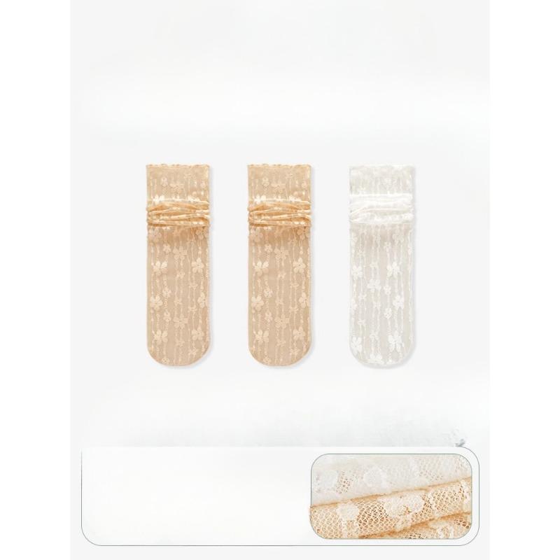3 Pairs of Women's Summer Thin Lace Flowers In The Tube Pile Socks
