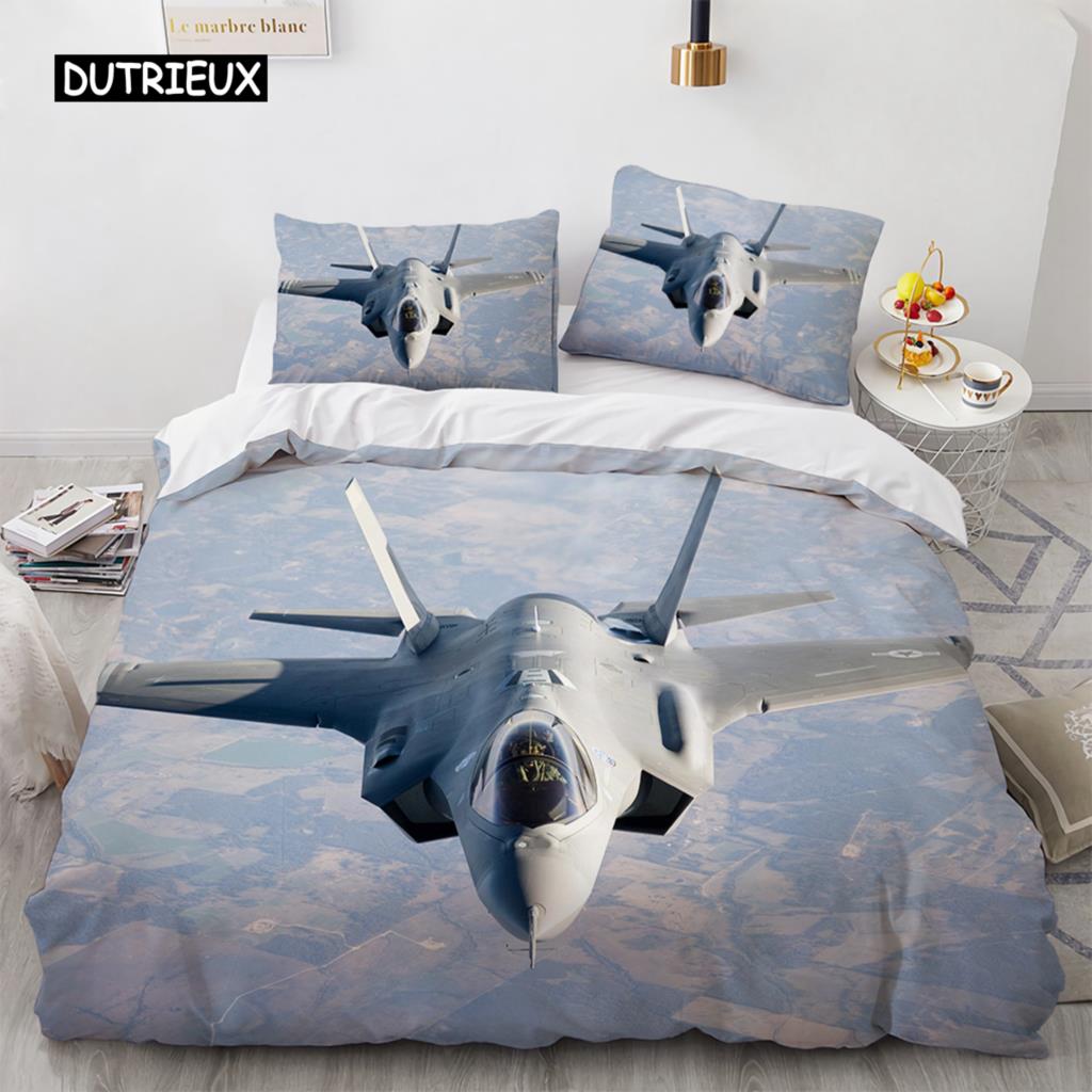 Kampfflugzeug Königin King Bettbezug Militärflugzeug Thema Bettwäscheset Kinder Jungen Männer Sonnenuntergang Flugzeug Polyester Bettdeckenbezug