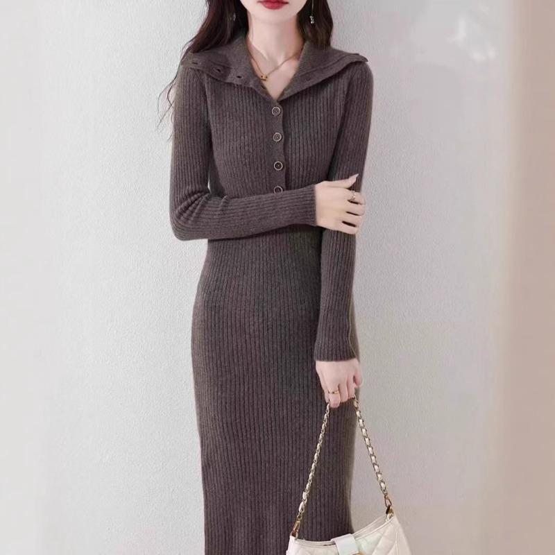 Autumn and Winter New Multi-button Lapel Knitted Dress, Feminine Temperament Slim-fitting Inside with Base Medium and Long Sweater Skirt
